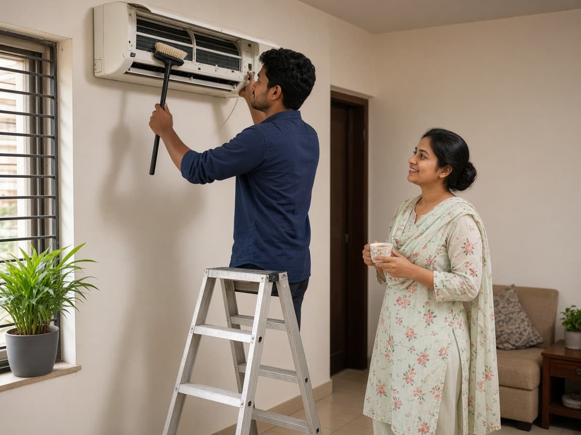 ঢাকার একটি ফ্ল্যাটে Dhopaa-র টেকনিশিয়ান এসি সার্ভিসিং করছেন